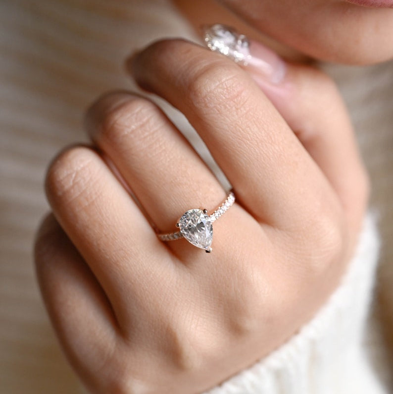 Stunning 1.0 - 2.0 CT Pear Moissanite Engagement Ring with Pave Design 6