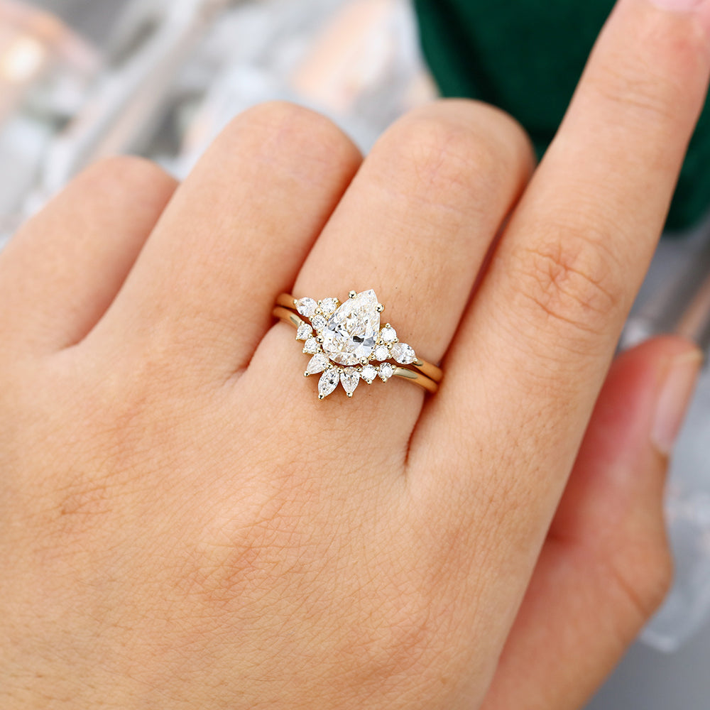 1.50 CT Pear Moissanite Cluster Bridal Ring Set