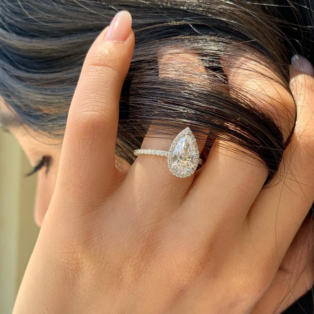 1.5 CT Pear Cut Halo Style Moissanite Engagement Ring