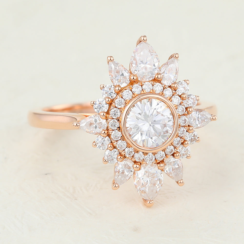 0.84 CT Round Shaped Moissanite Cluster Halo Engagement Ring