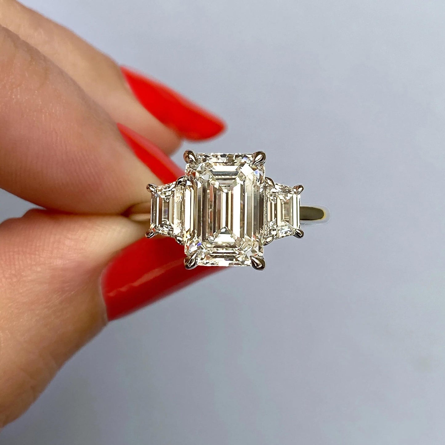 1.91 CT Emerald Cut Three Stone Moissanite Engagement Ring