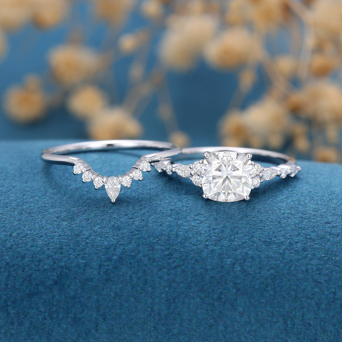 1.21 CT Cushion Shaped Moissanite Cluster Bridal Set