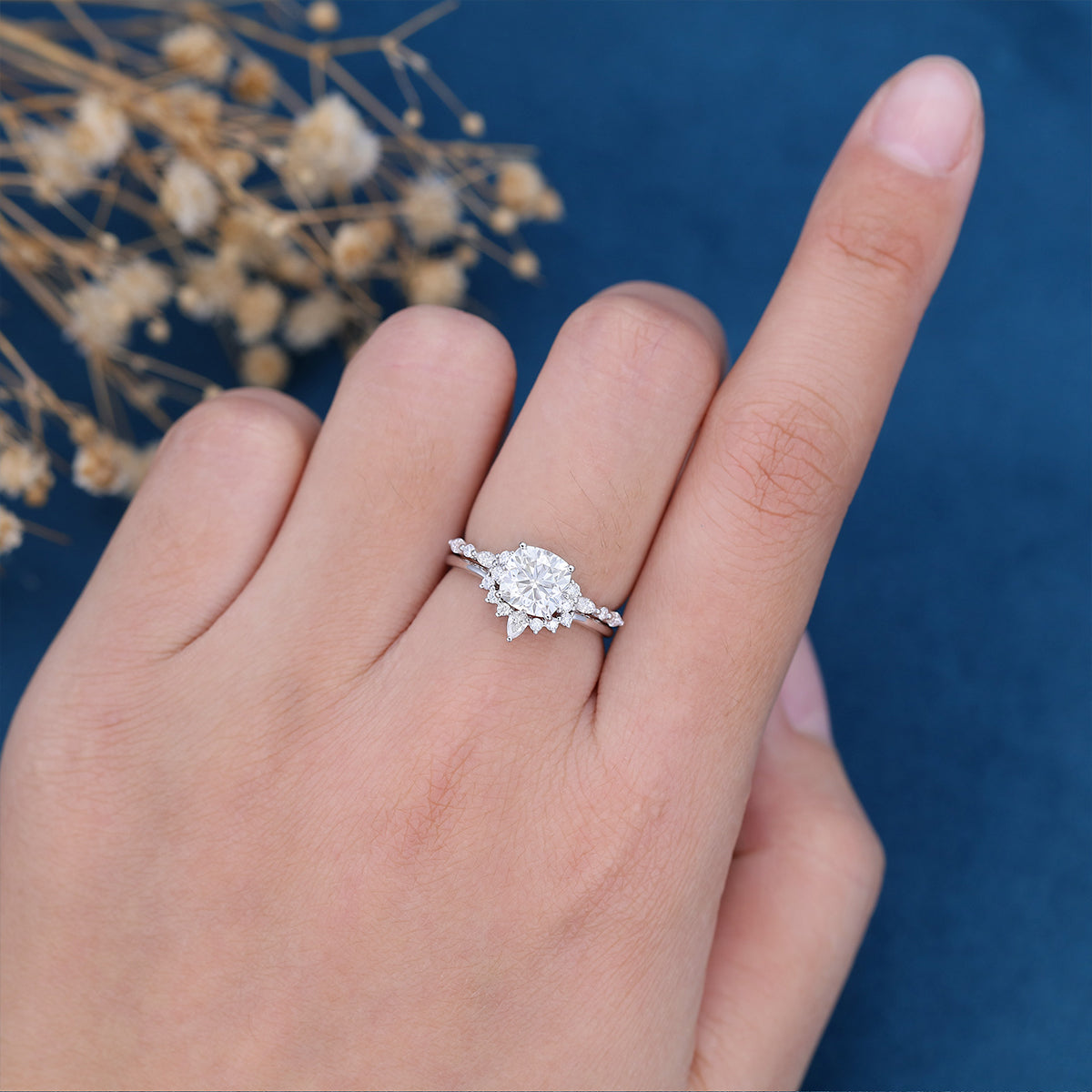 1.21 CT Cushion Shaped Moissanite Cluster Bridal Set