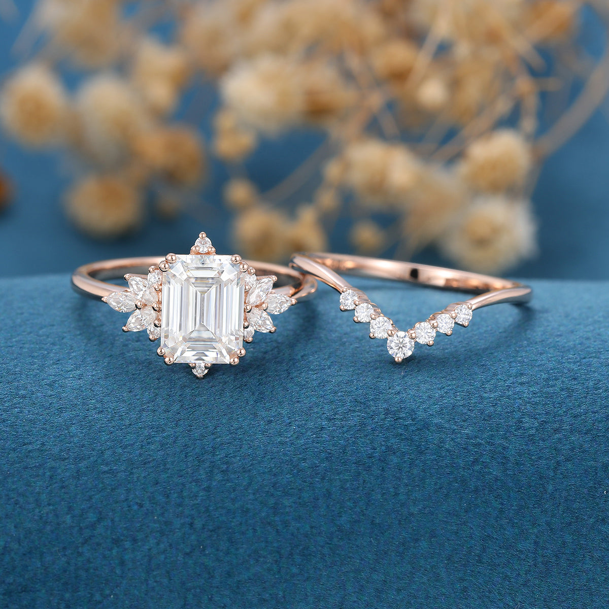 1.60 CT Emerald Shaped Moissanite Cluster Bridal Set