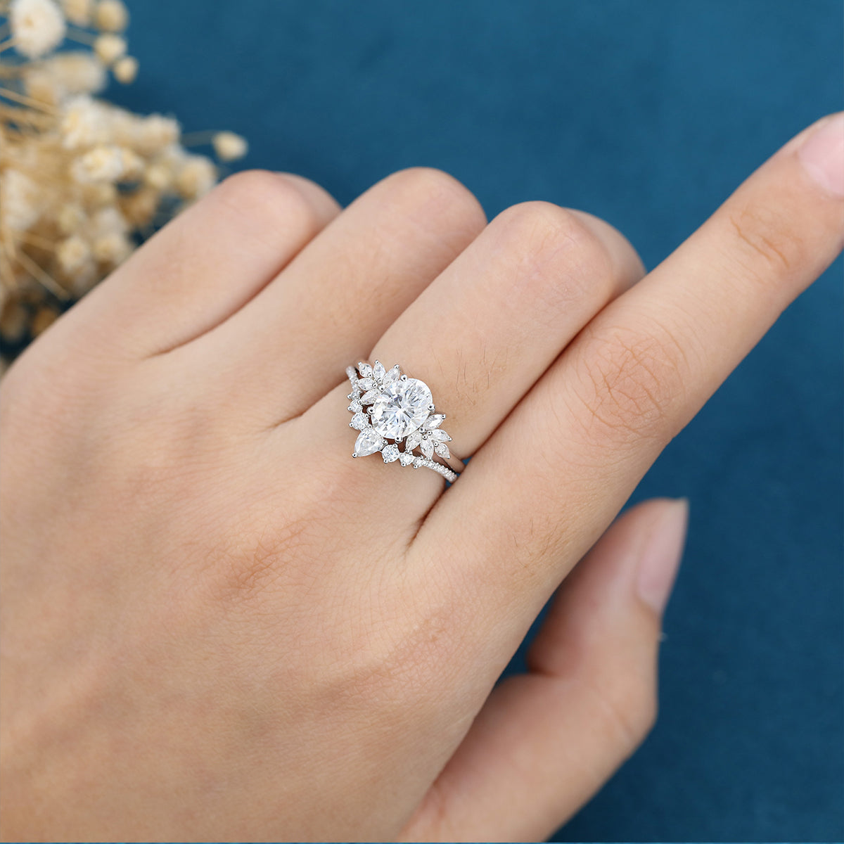 1.91 CT Oval Shaped Moissanite Cluster Bridal Set