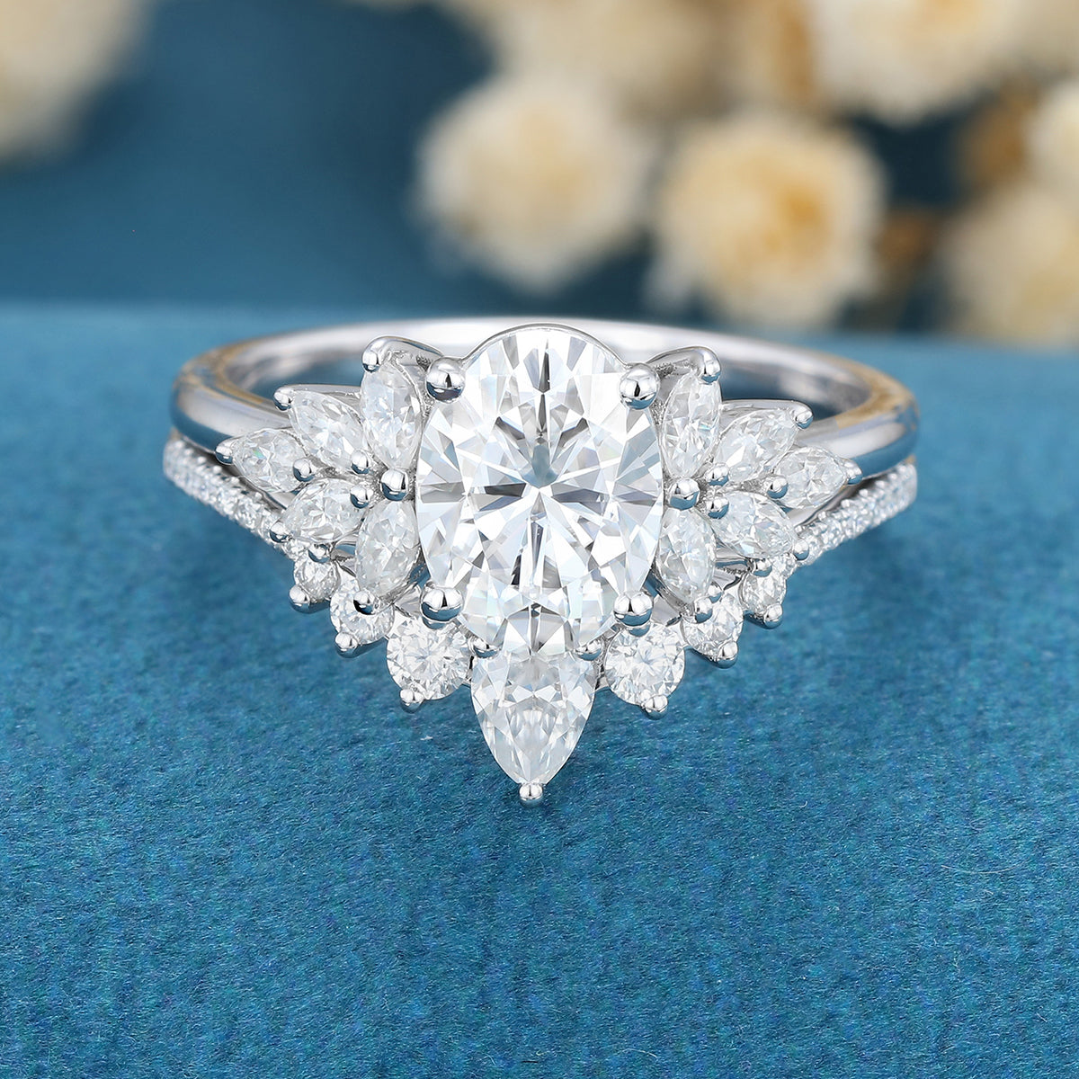 1.91 CT Oval Shaped Moissanite Cluster Bridal Set