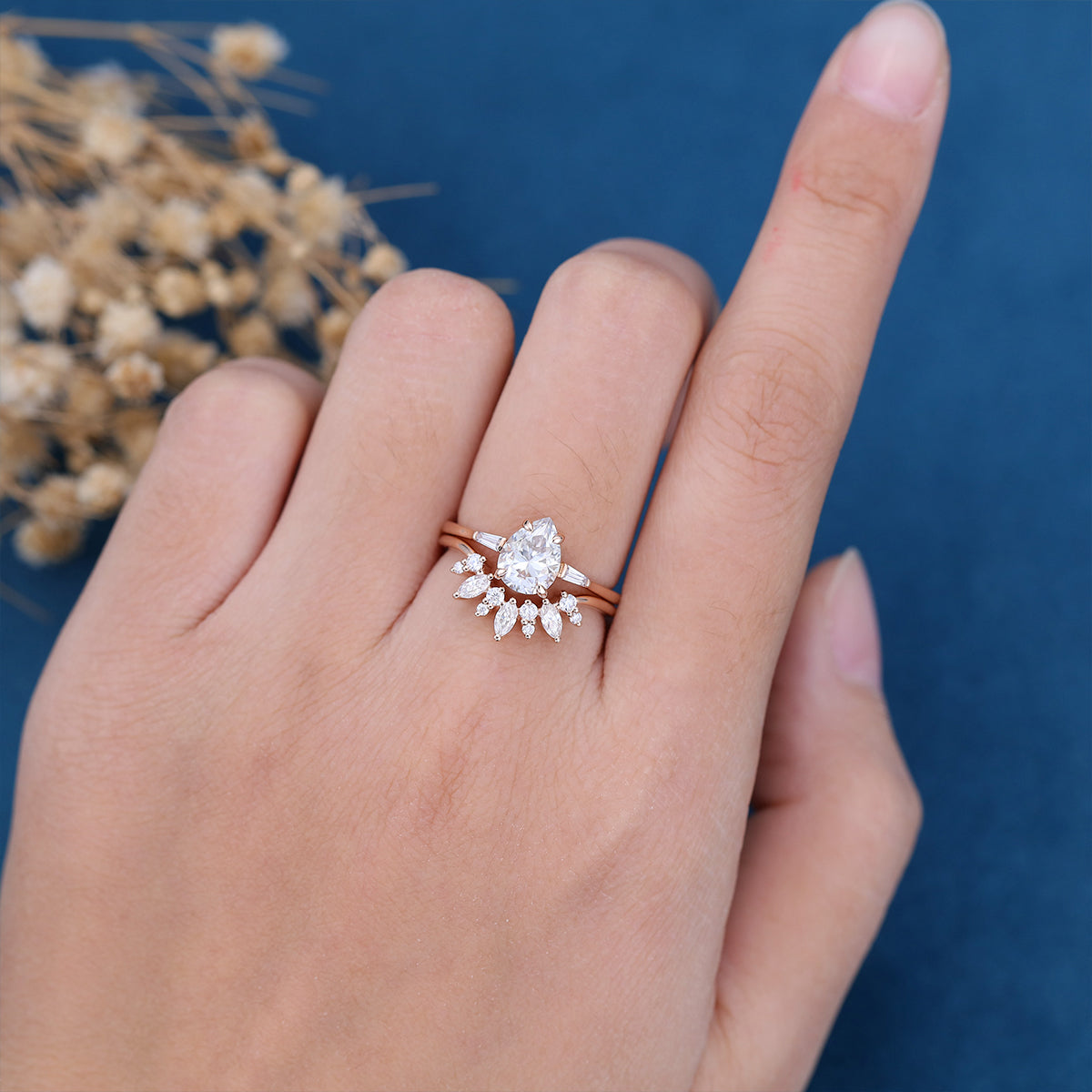 1.0 CT Pear Shaped Moissanite Three Stone Bridal Set