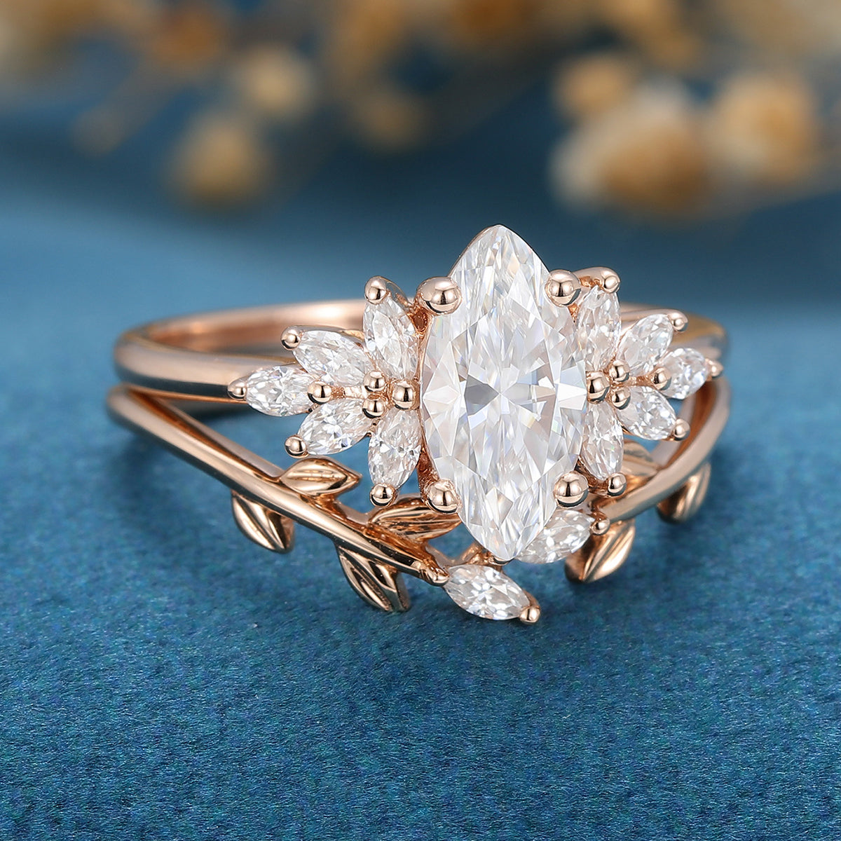 0.90 CT Marquise Shaped Moissanite Cluster Bridal Set