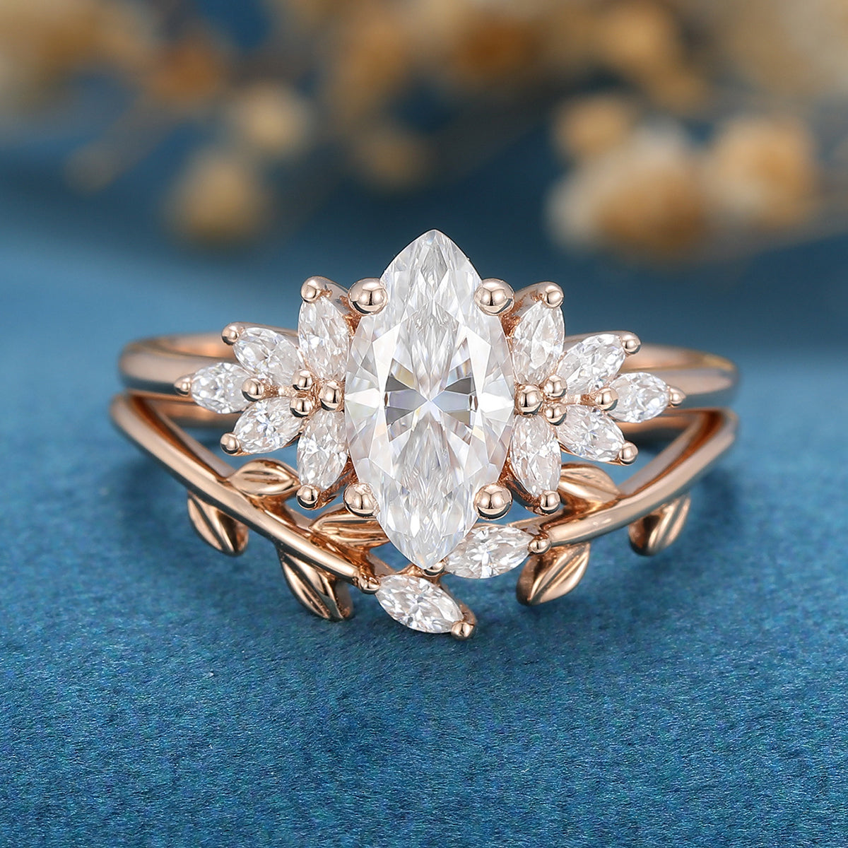0.90 CT Marquise Shaped Moissanite Cluster Bridal Set
