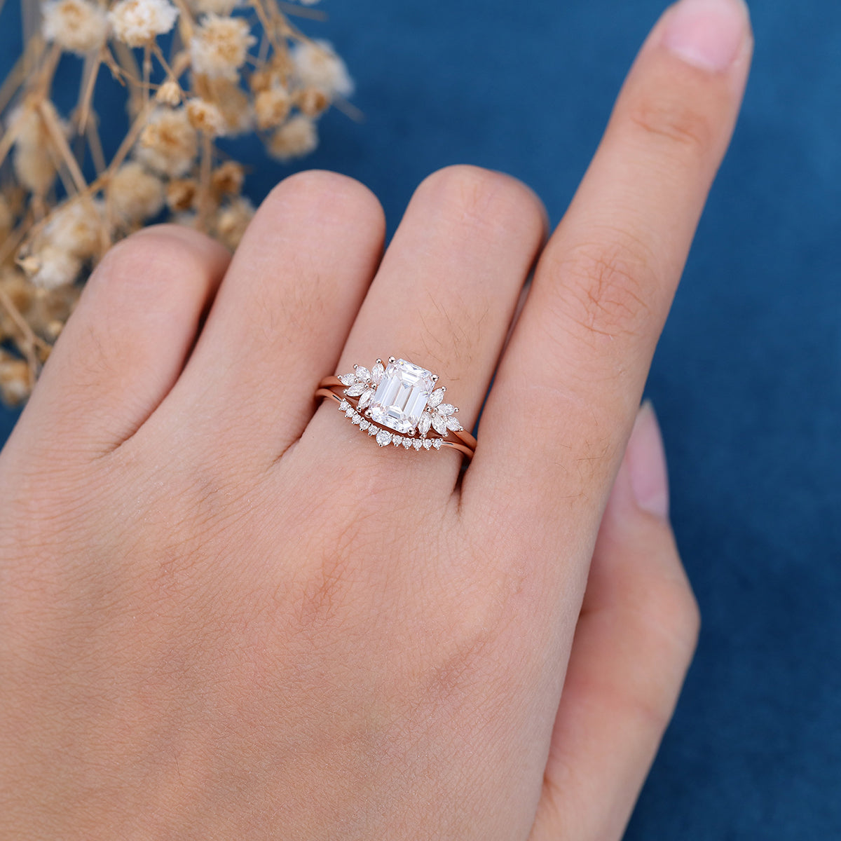 1.60 CT Emerald Shaped Moissanite Cluster Bridal Set