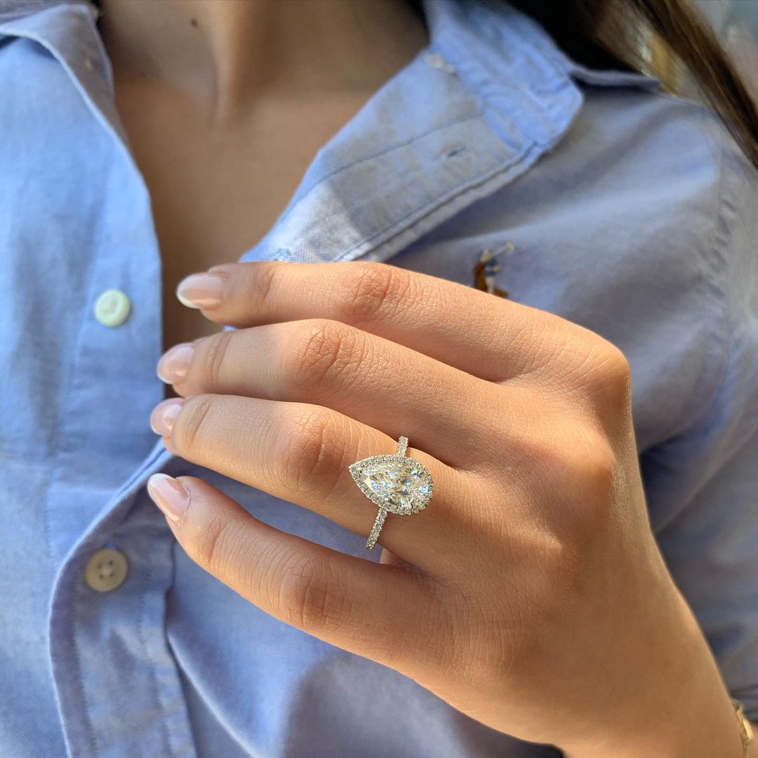 1.5 CT Pear Cut Halo Style Moissanite Engagement Ring