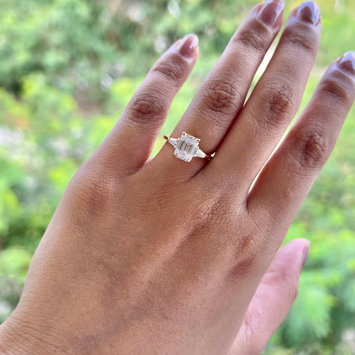 1.9 CT Emerald Three Stone Moissanite Engagement Ring