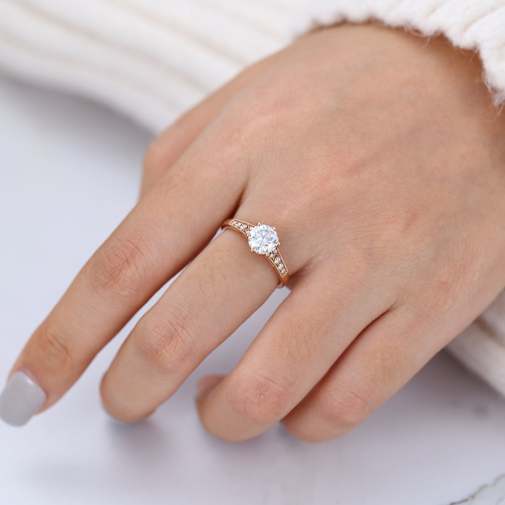 0.88 CT Round Pave Moissanite Engagement Ring