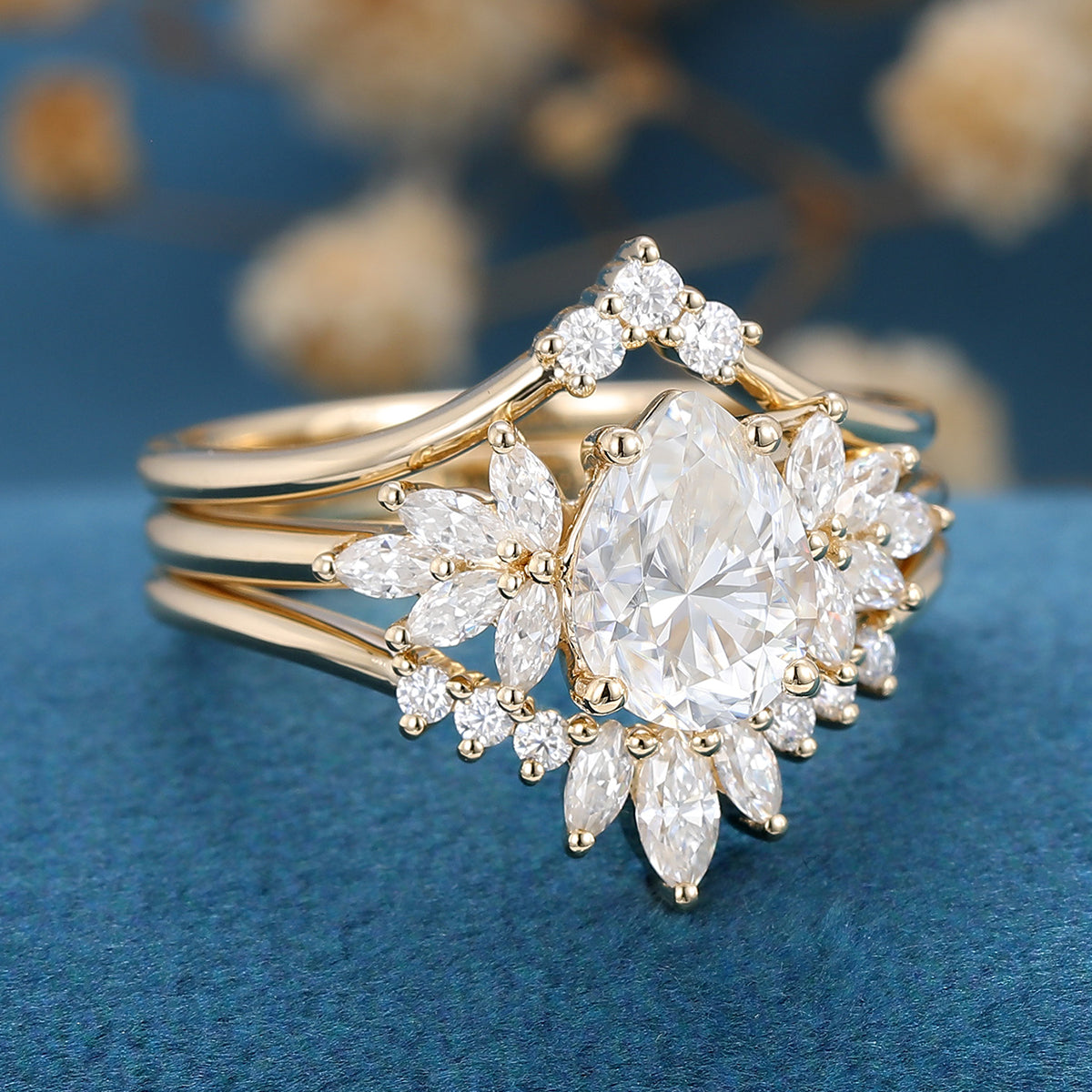 1.0 CT Pear Shaped Moissanite Cluster Bridal Set