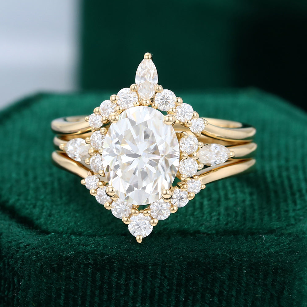 1.91 CT Oval Moissanite Cluster Bridal Ring Set
