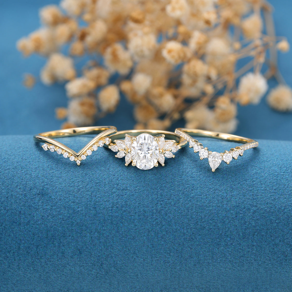 1.33 CT Oval Shaped Moissanite Cluster Bridal Set