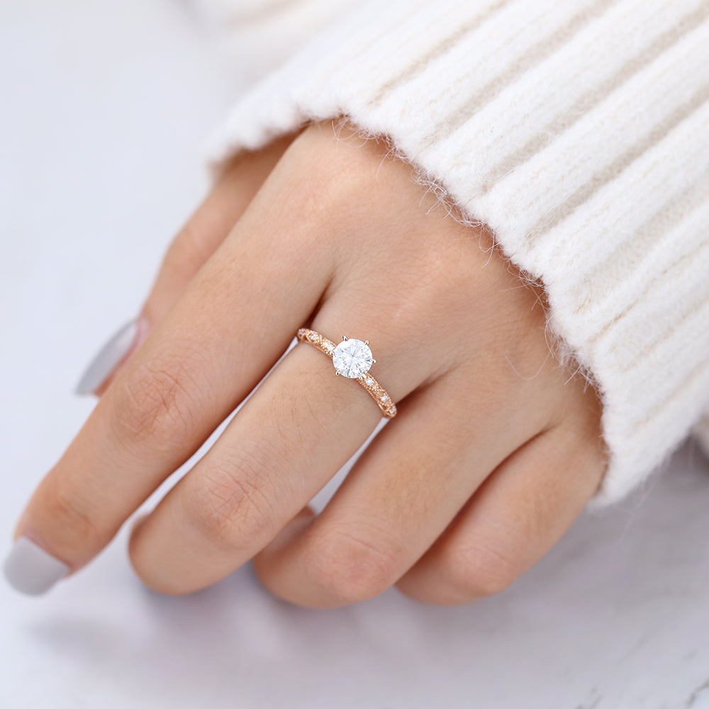 0.68 CT Round Shaped Moissanite Vintage Style Engagement Ring