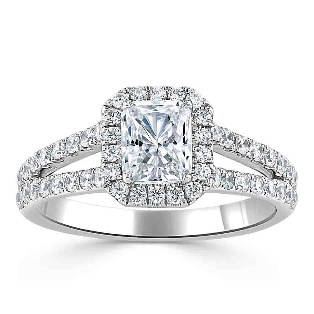 0.75 CT Radiant Cut Halo Split Shank Style Moissanite Engagement Ring