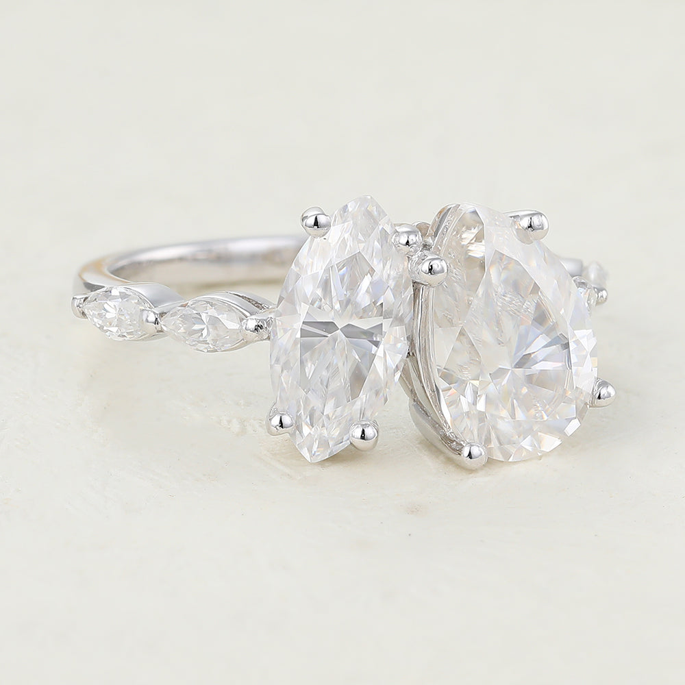 0.90 CT Marquise & 1.93 CT Pear Shaped Moissanite Two Stone Engagement Ring