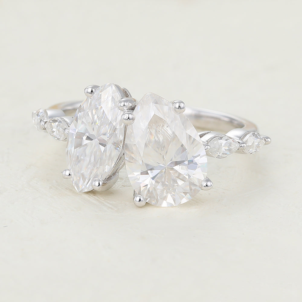 0.90 CT Marquise & 1.93 CT Pear Shaped Moissanite Two Stone Engagement Ring