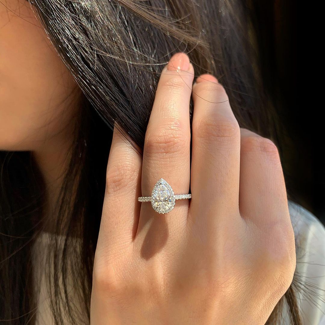1.5 CT Pear Cut Halo Style Moissanite Engagement Ring