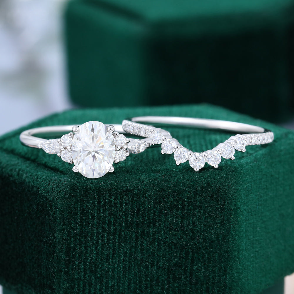 1.33 CT Oval Moissanite Cluster Bridal Ring Set