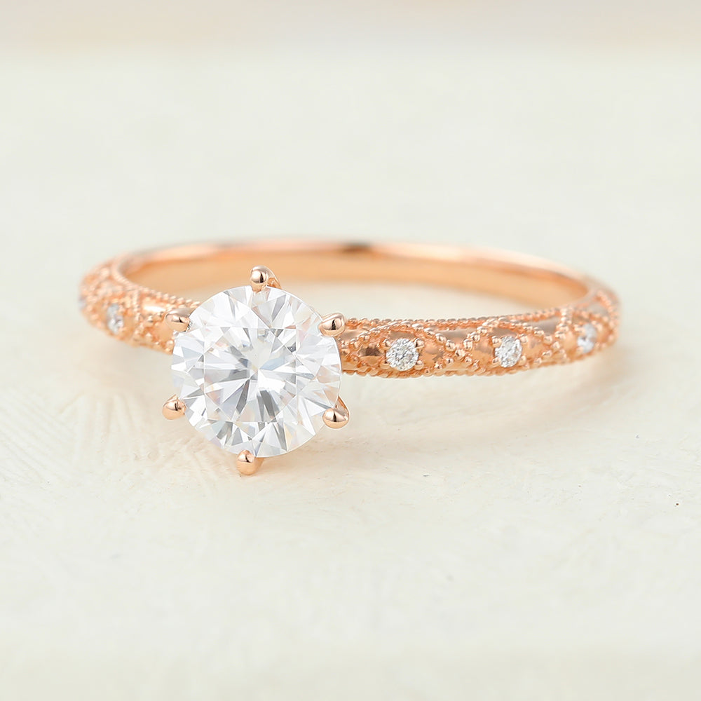0.68 CT Round Shaped Moissanite Vintage Style Engagement Ring