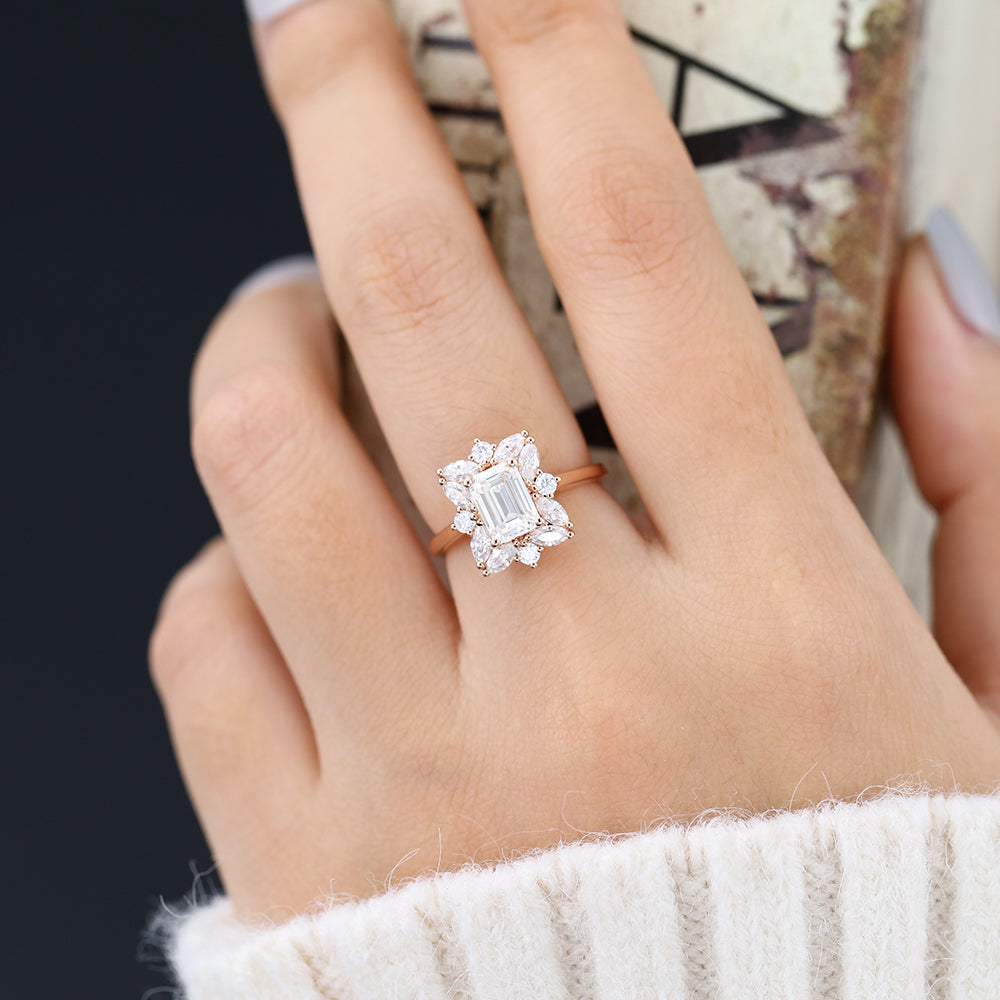 0.92 CT Emerald Shaped Moissanite Halo Engagement Ring