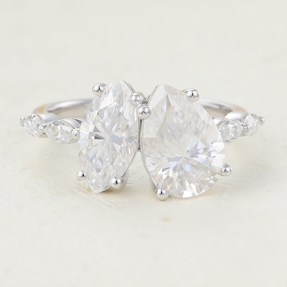 0.90 CT Marquise & 1.93 CT Pear Shaped Moissanite Two Stone Engagement Ring