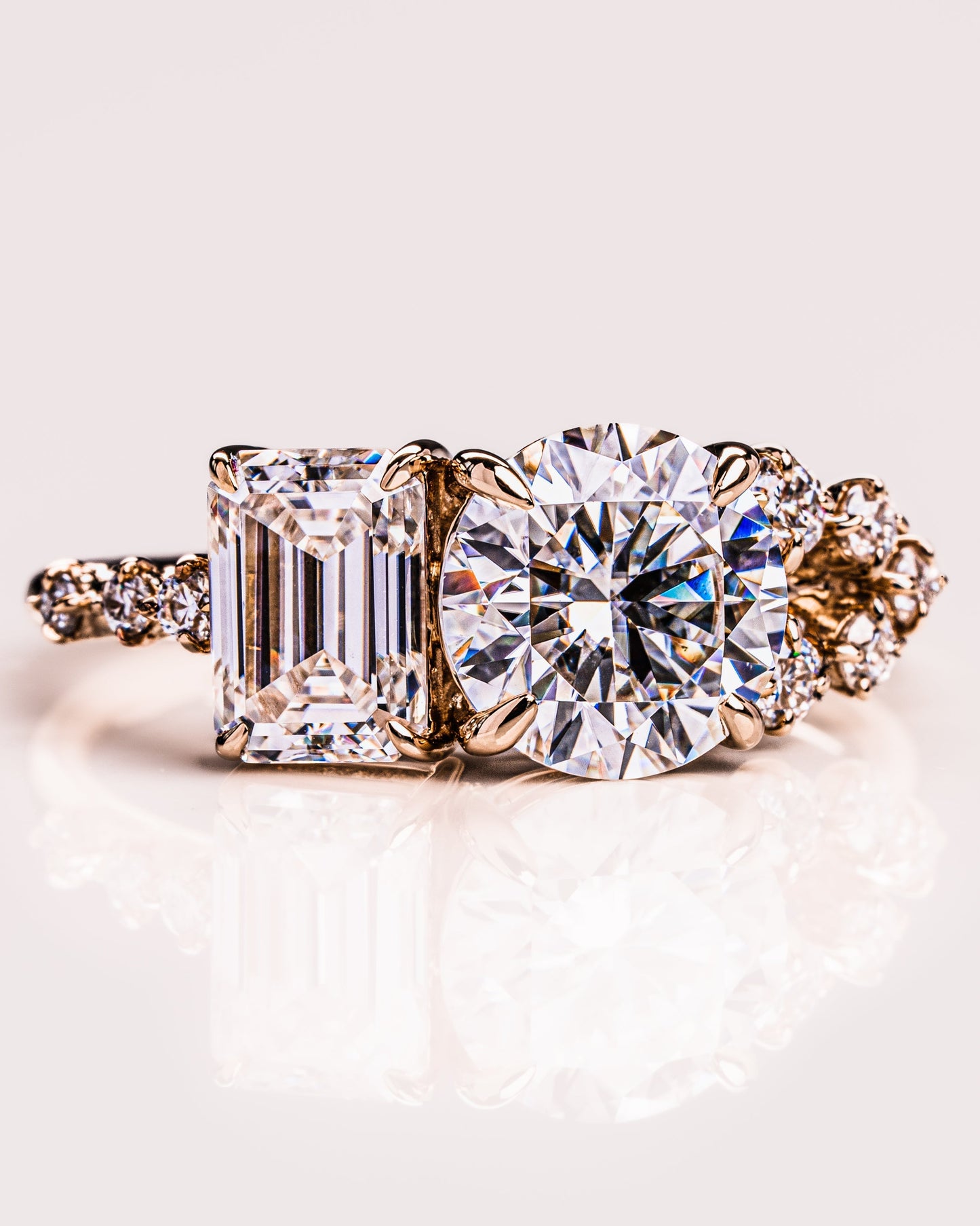 2.80 CT Emerald & Round Cut Two Stone Moissanite Engagement Ring