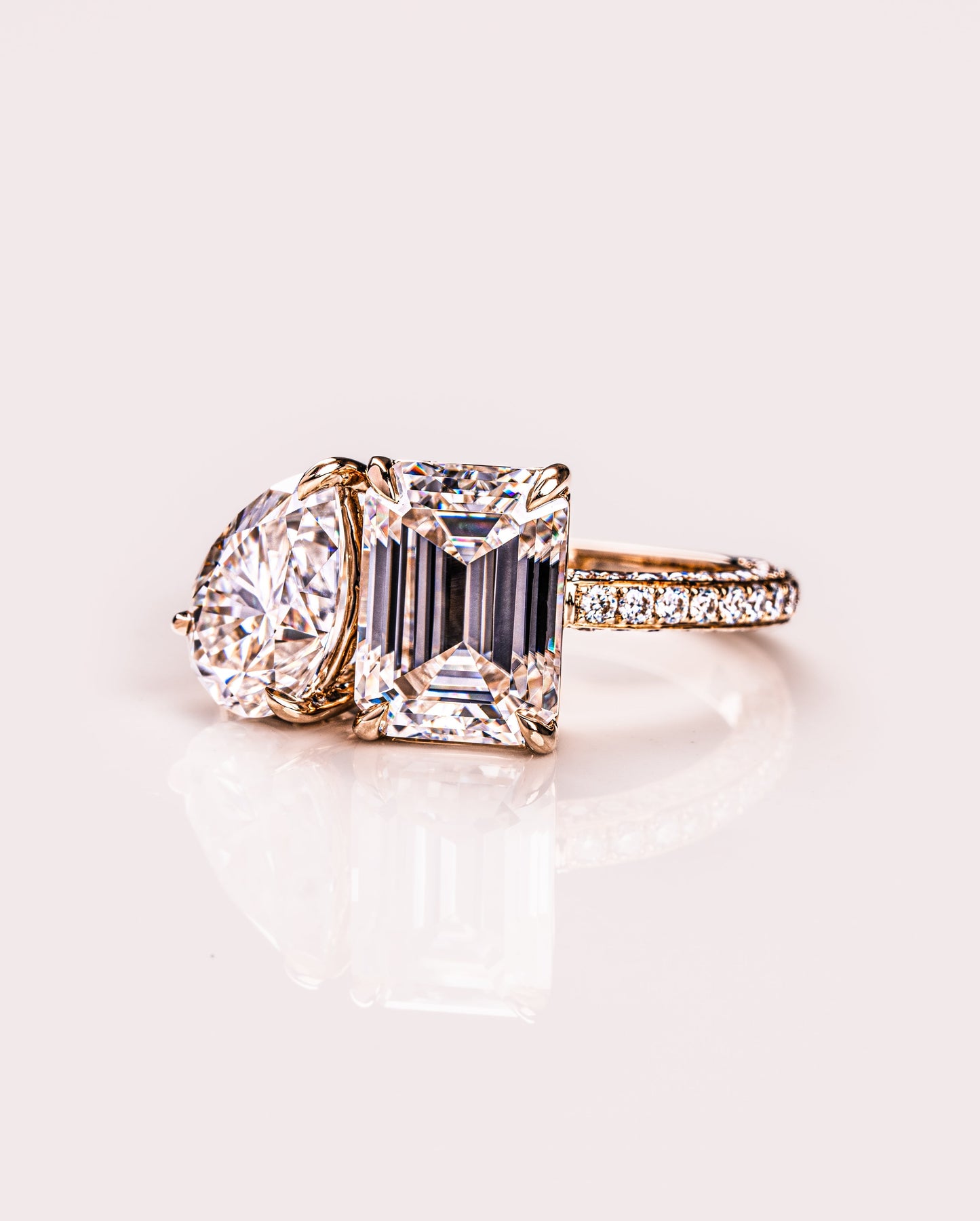 2.25 CT Emerald & Pear Two Stone Moissanite Engagement Ring With Three Side Pave Setting