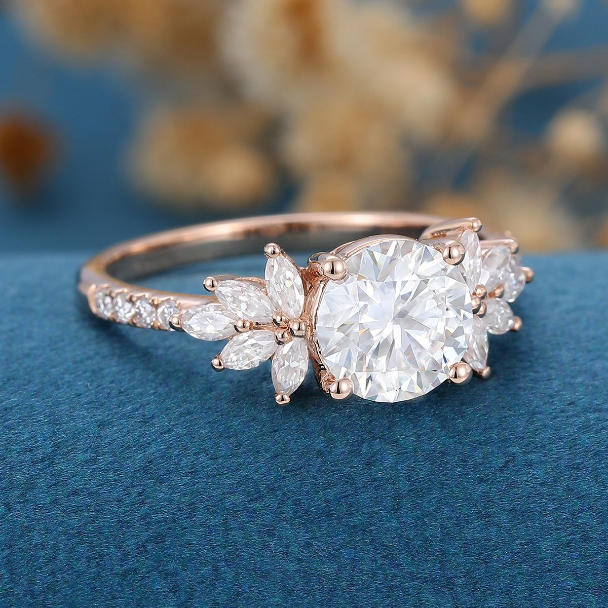 1.10 CT Round Shaped Moissanite Cluster Engagement Ring