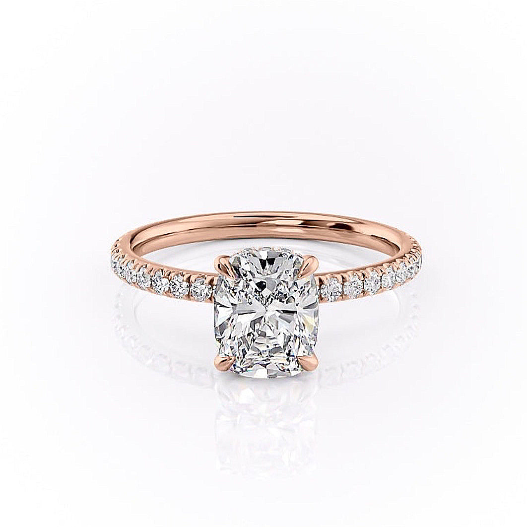 2.0 CT Cushion Cut Hidden Halo Pave Setting Moissanite Engagement Ring