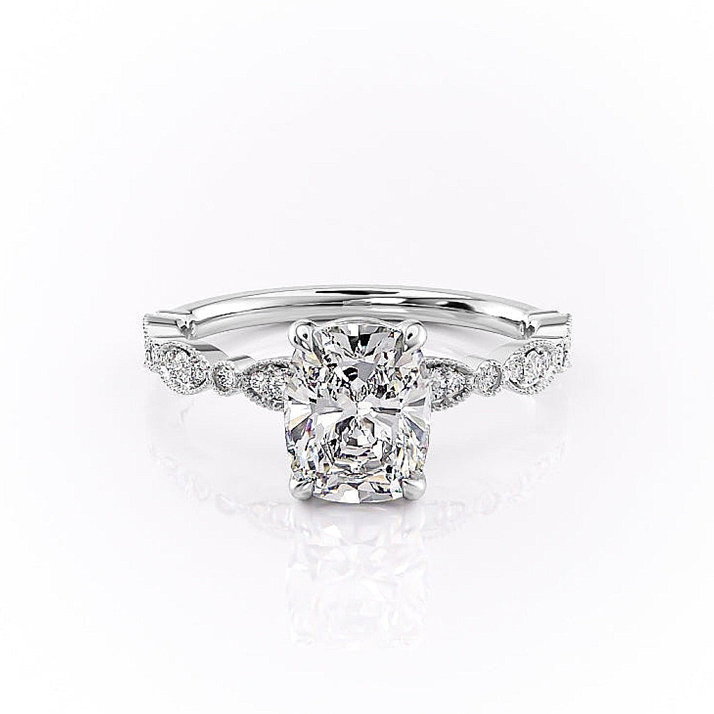 2.0 CT Cushion Cut Solitaire Milgrain Pave Setting Moissanite Engagement Ring
