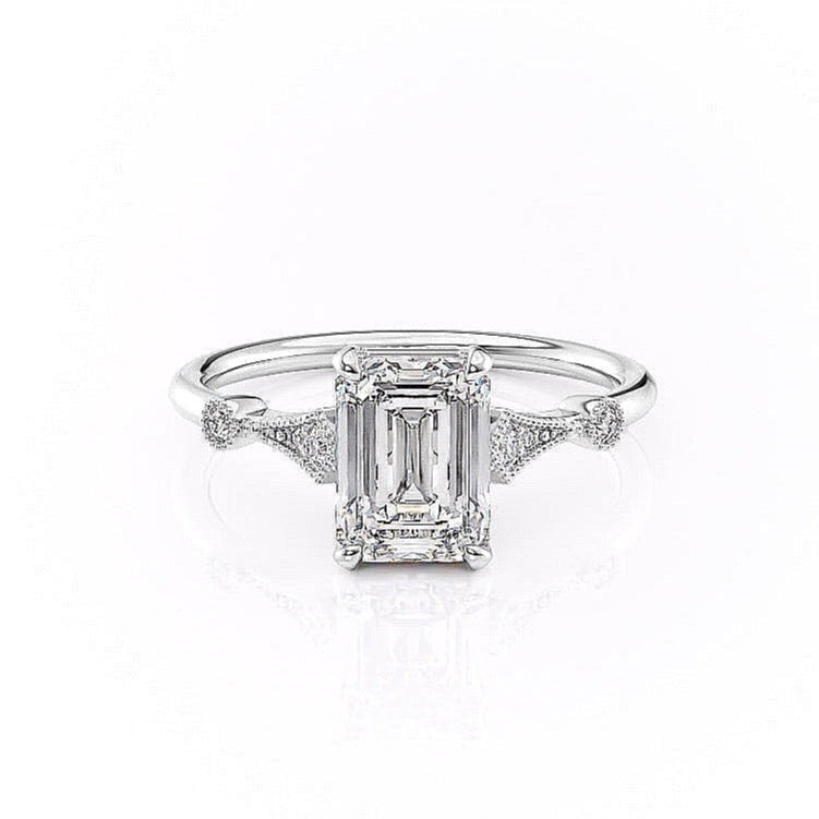 1.91 CT Emerald Cut Solitaire Milgrain Pave Set Moissanite Engagement Ring