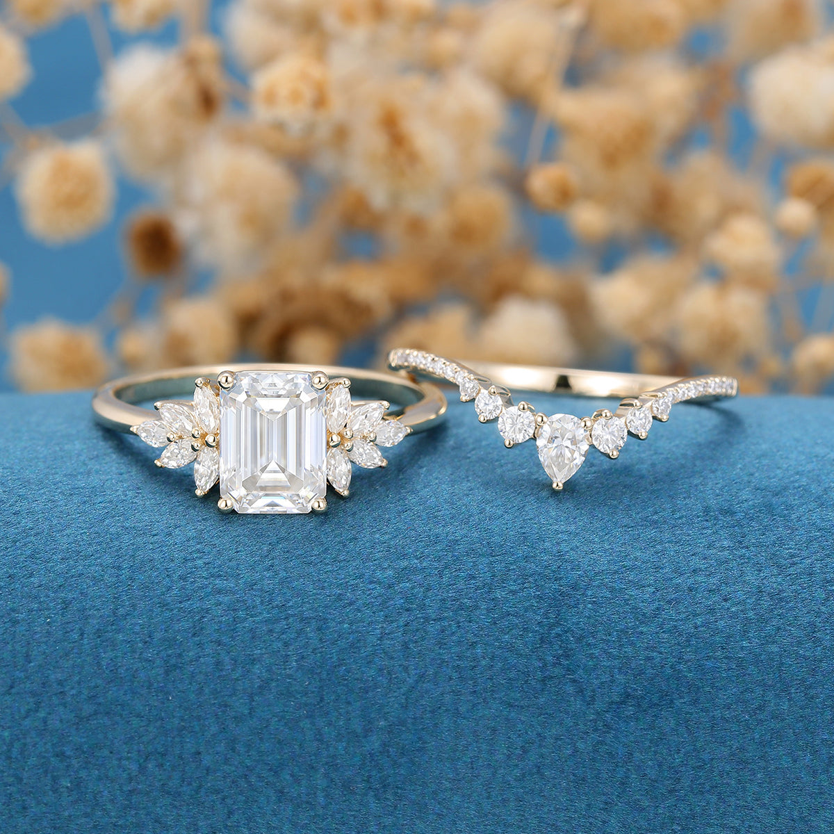 1.60 CT Emerald Shaped Moissanite Cluster Bridal Set