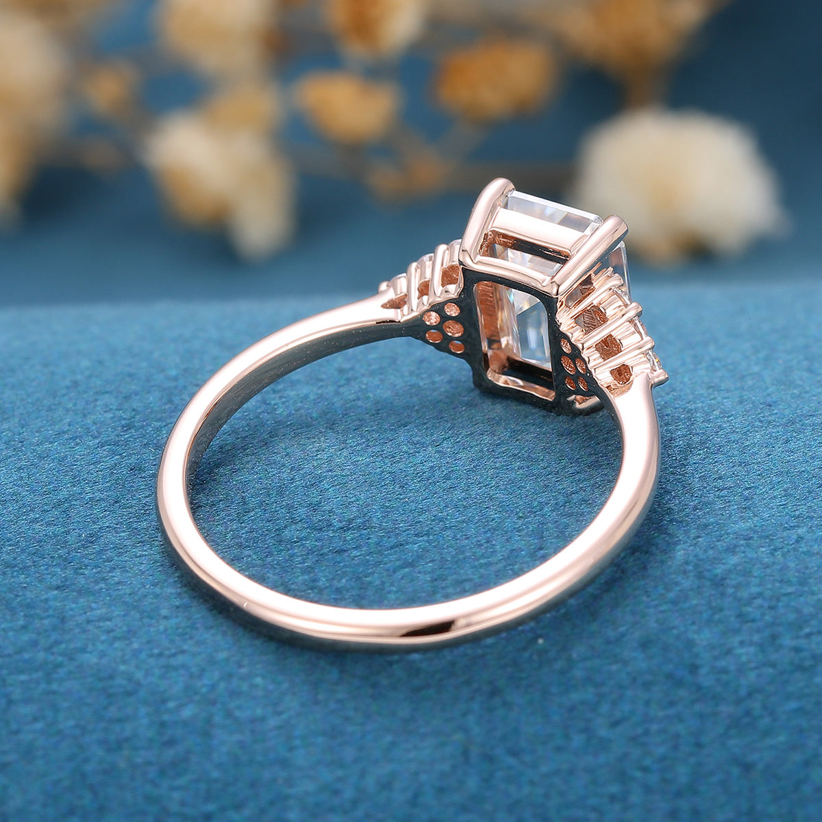1.60 CT Emerald Shaped Moissanite Cluster Engagement Ring