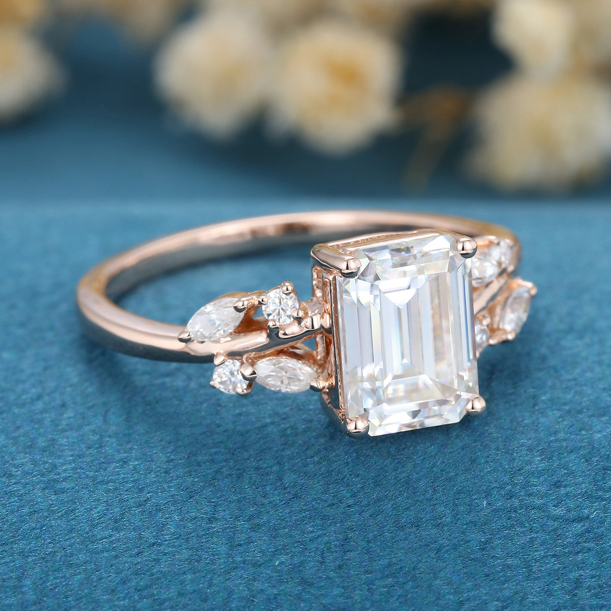 1.60 CT Emerald Shaped Moissanite Cluster Engagement Ring