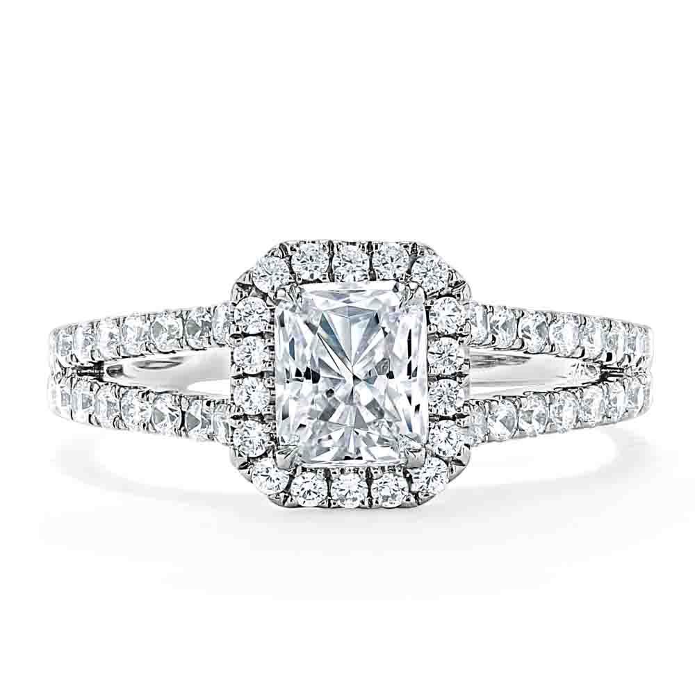 0.75 CT Radiant Cut Halo Split Shank Style Moissanite Engagement Ring
