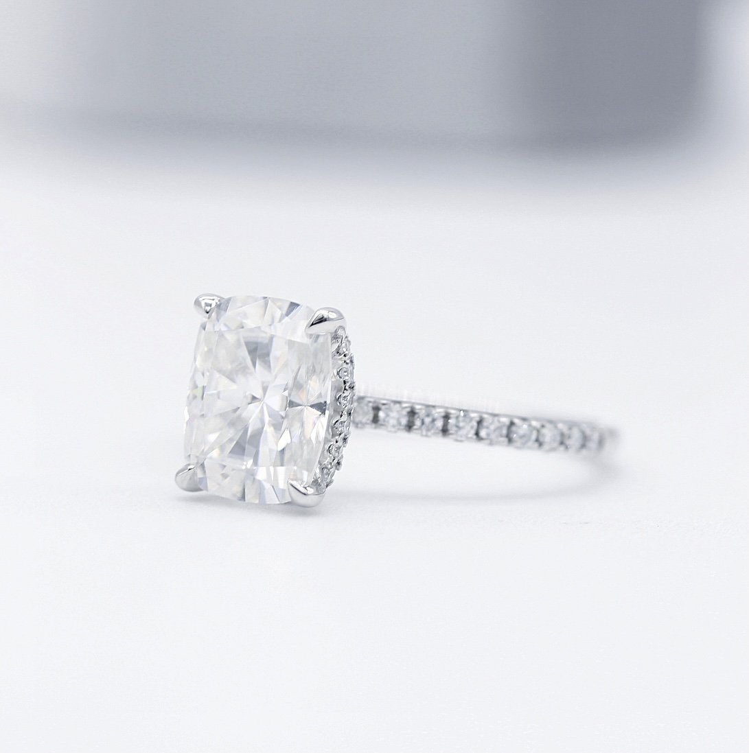 2.01 CT Elongated Cushion Hidden Halo Moissanite Engagement Ring