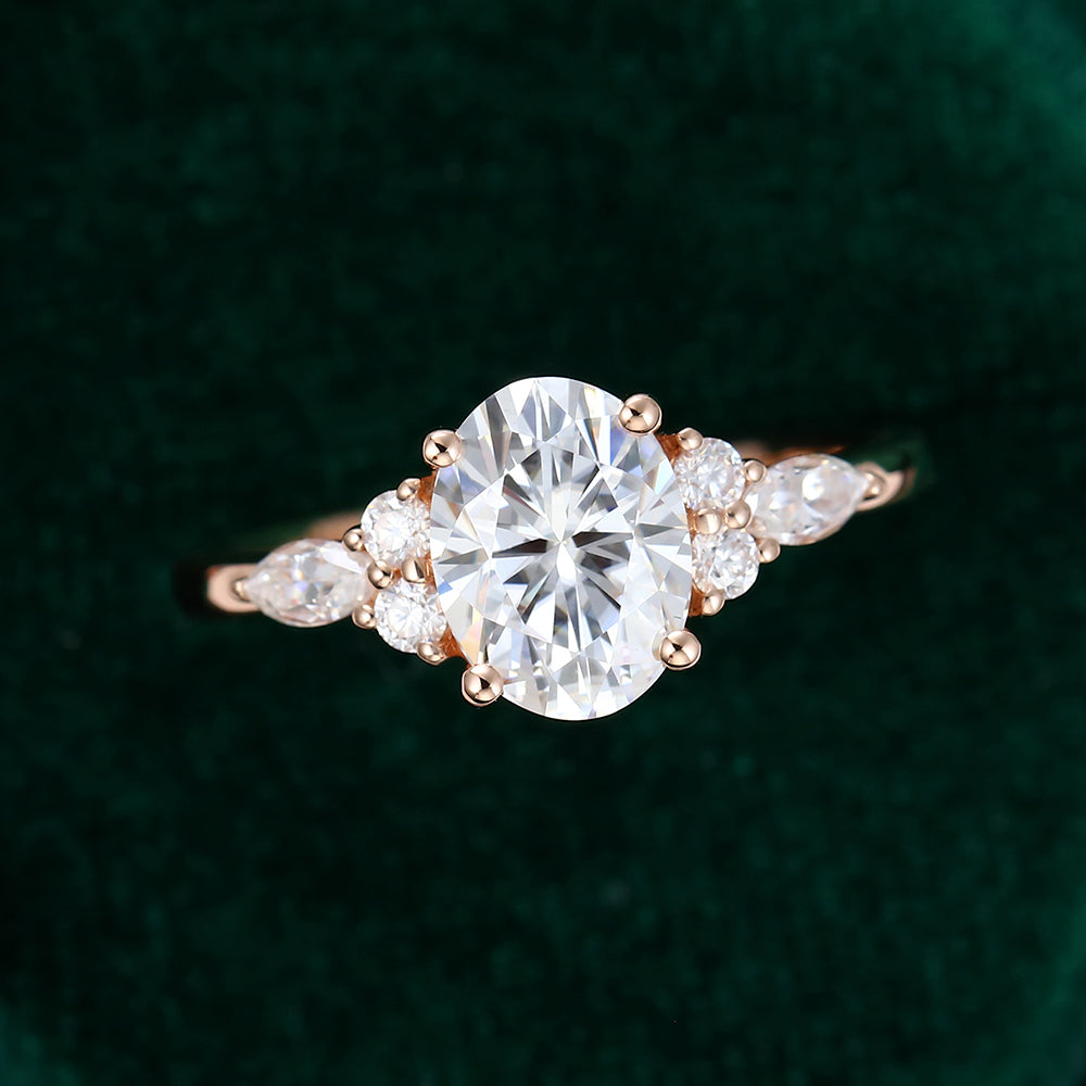 1.91 CT Oval Shaped Moissanite Cluster Engagement Ring