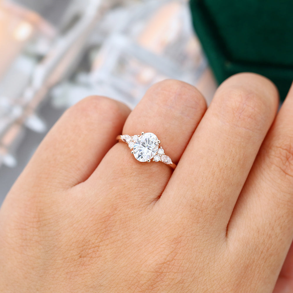 1.91 CT Oval Shaped Moissanite Cluster Engagement Ring