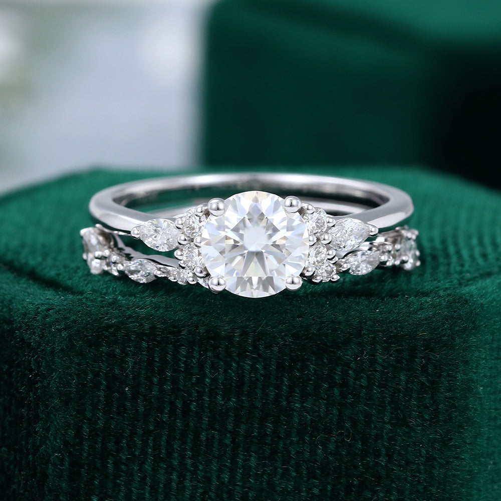 0.88 CT Round Moissanite Cluster Bridal Ring Set