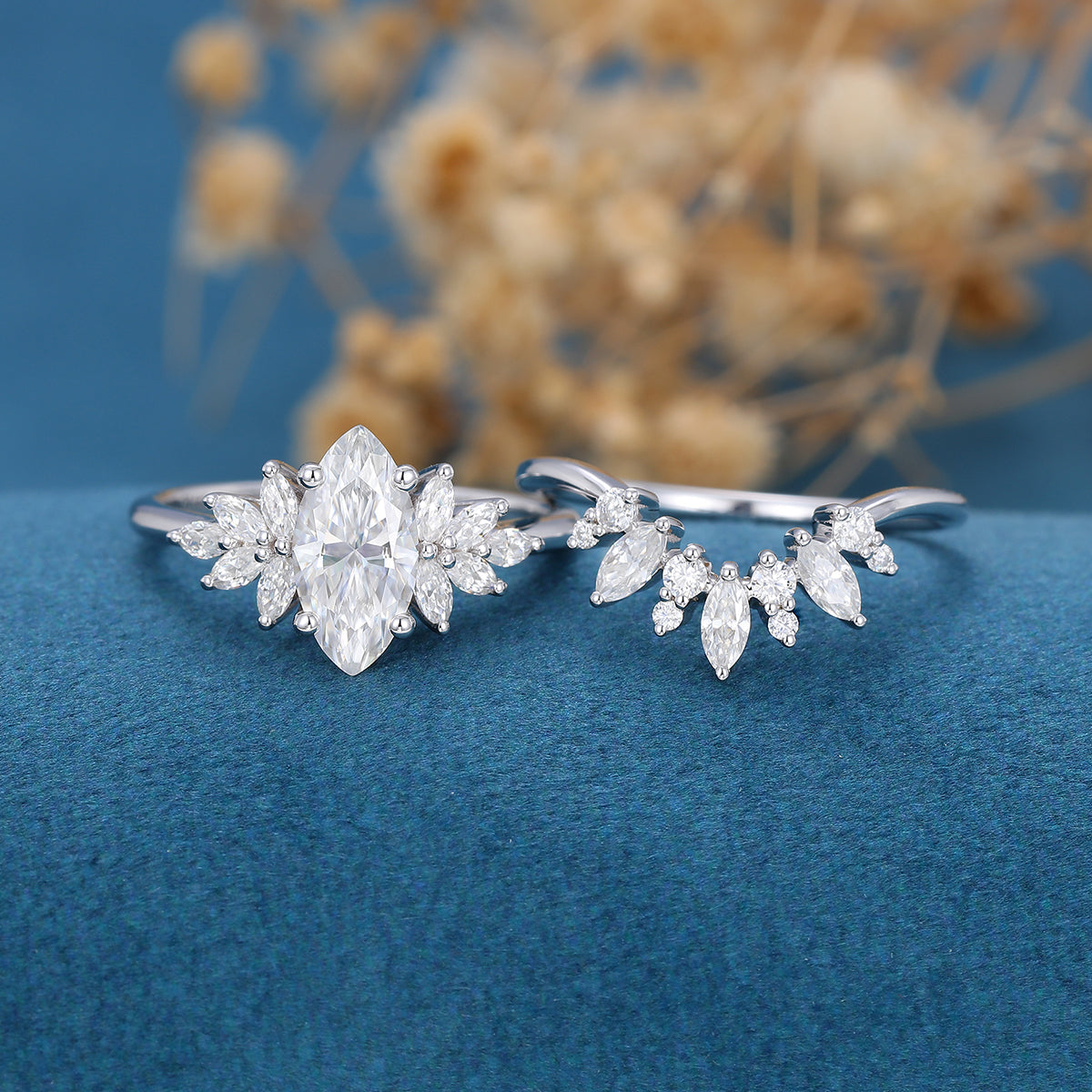 0.90 CT Marquise Shaped Moissanite Cluster Bridal Set