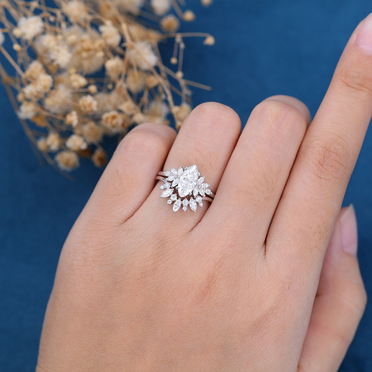 0.90 CT Marquise Shaped Moissanite Cluster Bridal Set