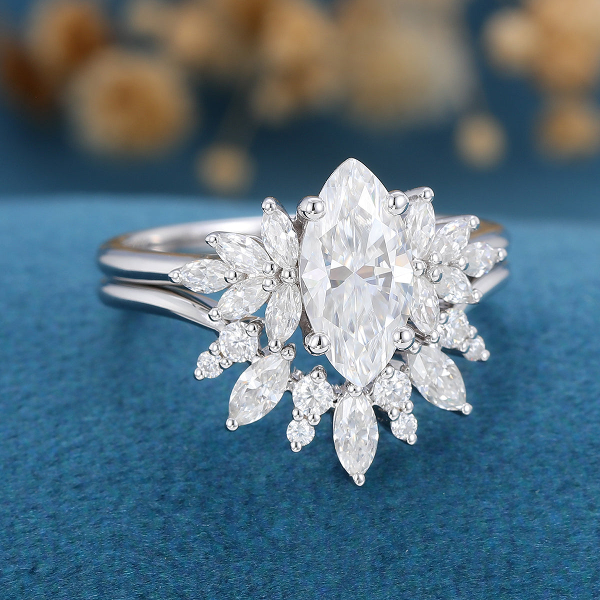 0.90 CT Marquise Shaped Moissanite Cluster Bridal Set