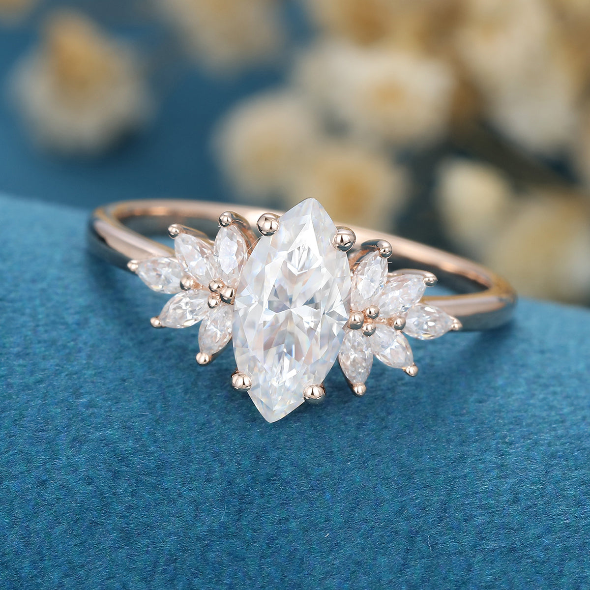 0.90 CT Marquise Shaped Moissanite Cluster Engagement Ring