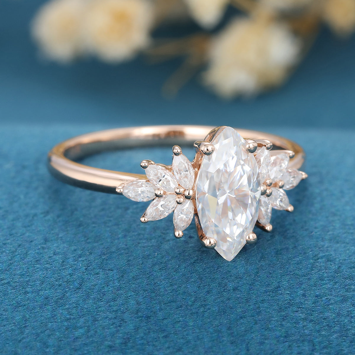 0.90 CT Marquise Shaped Moissanite Cluster Engagement Ring