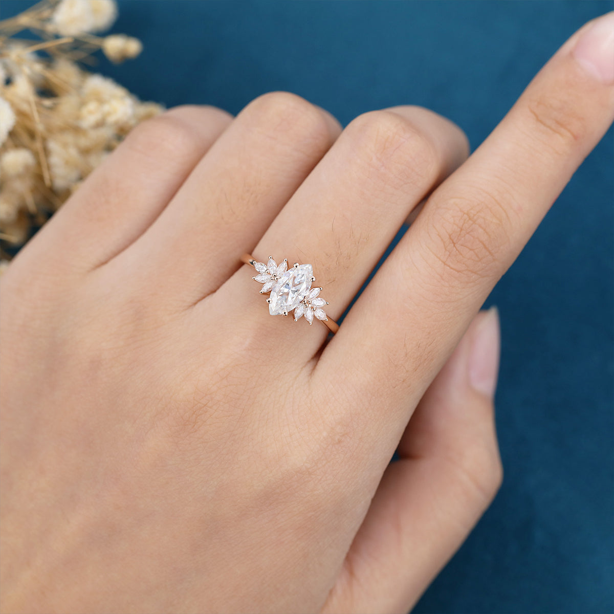 0.90 CT Marquise Shaped Moissanite Cluster Engagement Ring