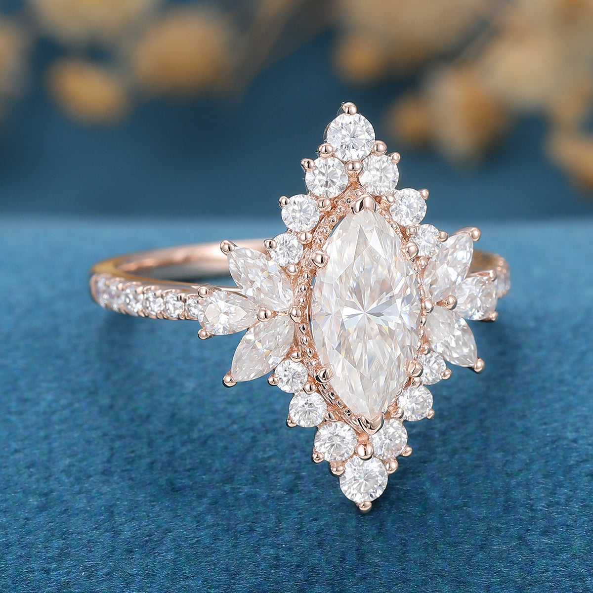 0.90 CT Marquise Shaped Moissanite Cluster Engagement Ring